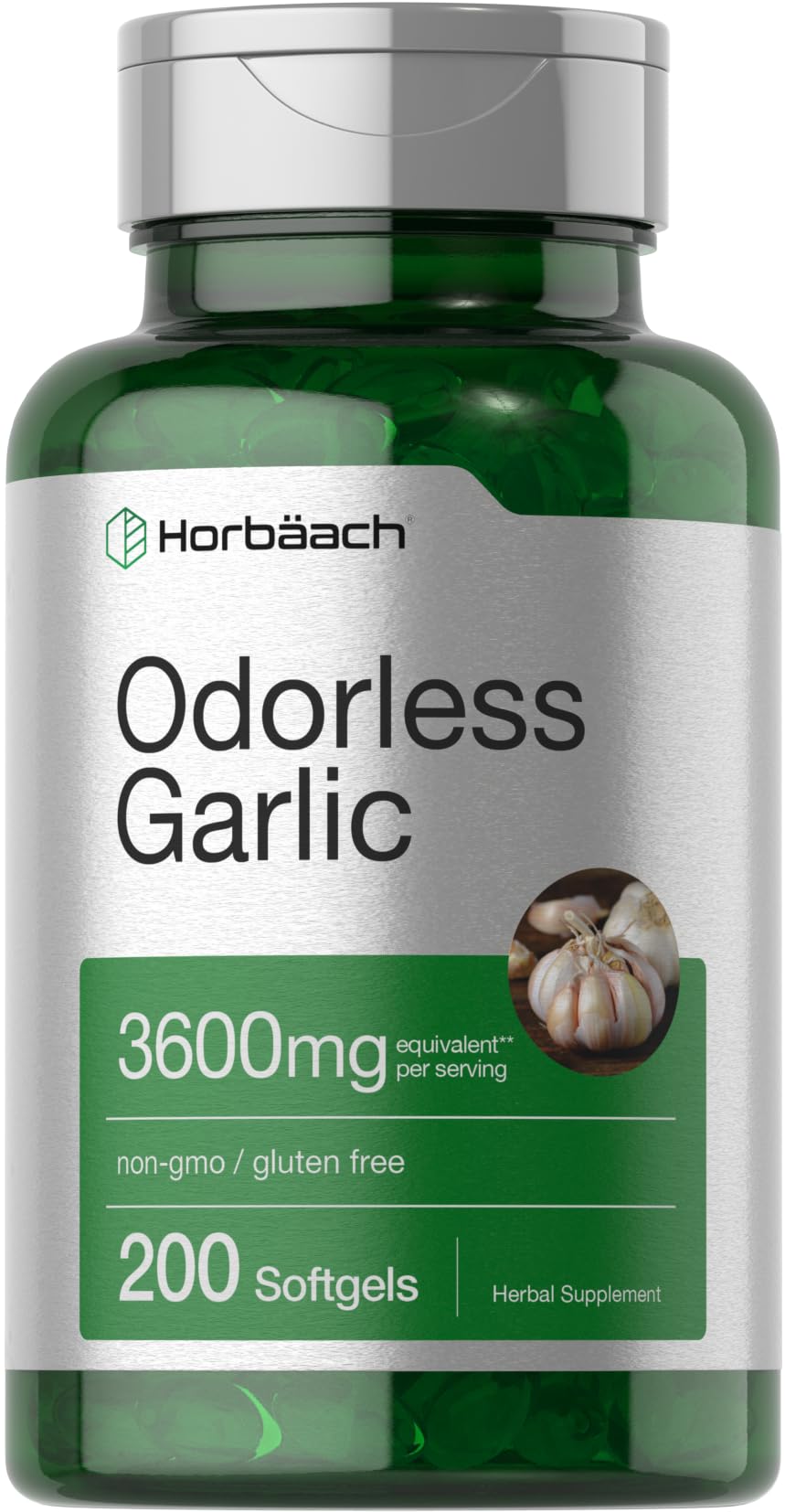 Horbäach Odorless Garlic Softgels | 200 Count | Ultra Potent Garlic Extract | Non-GMO & Gluten Free Supplement