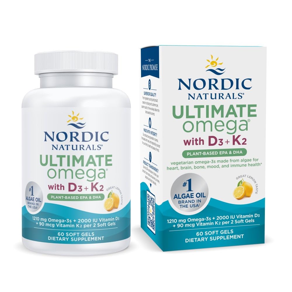 Nordic Naturals Ultimate Omega Plant Based Vitamin with Vitamin D3+K2-60 Vegetarian Soft Gels - 1210 mg Omega-3s Plus 2000 IU D3 and 90 mcg K2 - Promotes Brain Health - Non GMO - 30 Servings