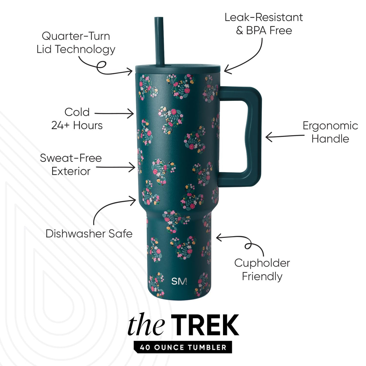 Simple Modern Disney 40 oz Tumbler with Handle and Straw Lid | Insulated Reusable Stainless Steel Water Bottle Travel Mug | Gifts for Women Her | Trek Collection | 40oz | Mickey Mouse Floral Riptide
