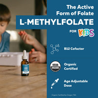 Thumbnail for Organic Kids L-Methylfolate + Methyl B12 Cofactor - MTHFR Sublingual Form - 5-MTHF, Superior Form of Folate - Adjustable Dosing for All Ages - Mood, Behavior, Cognition - Organic Berry Flavor, 1 Fl oz