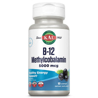 Thumbnail for KAL Vitamin B-12 Methylcobalamin Lozenges 5000mcg, Healthy Energy, Metabolism, Nerve & Red Blood Cell Support,* Optimal Absorption, Natural Acai Flavor, Vegan, Sugar Free, 60 Servings, 60 Lozenges
