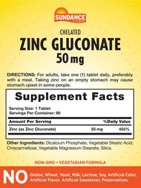 Thumbnail for Sundance Zinc Supplement 50mg | 90 Tablets | Chelated Essential Mineral | Vegetarian, Non-GMO, and Gluten Free