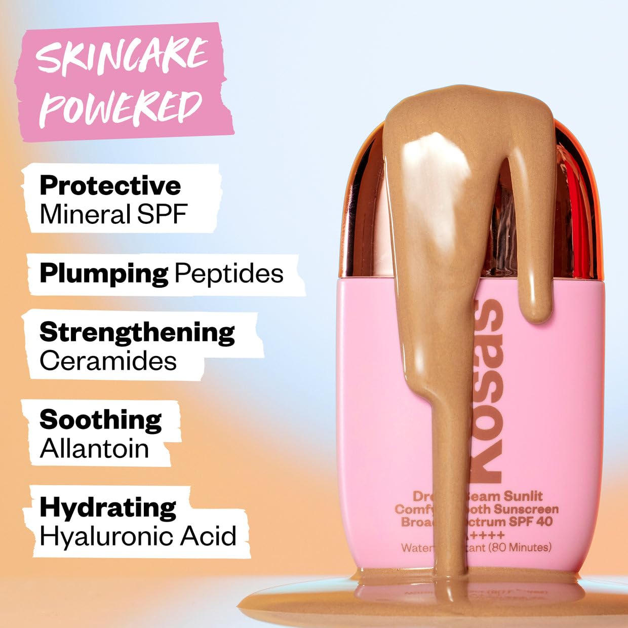 Kosas DreamBeam Water Resistant Sunscreen SPF 40 - Smooth Liquid Sun Protection for Face Lightweight Makeup Base w/Hyaluronic Acid, Ceramides & Peptides - Golden Glow, Sunlit, 40 ml