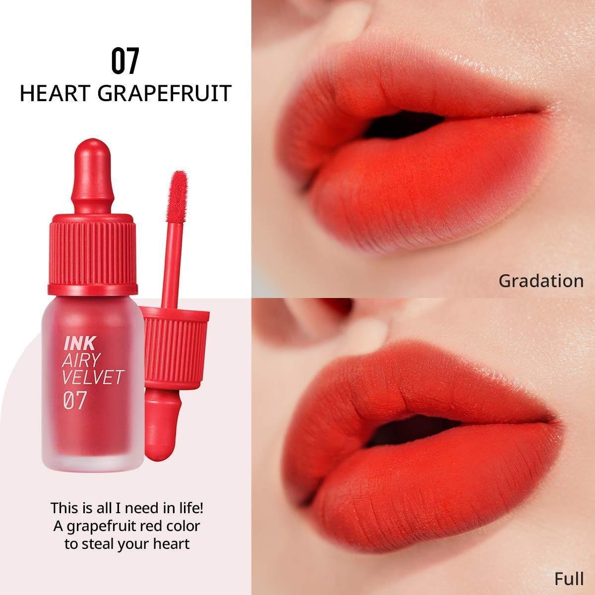 Peripera Ink Airy Velvet Lip Tint | High-Pigmentation, Lightweight, Soft, Moisturizing (007 HEART GRAPEFRUIT)