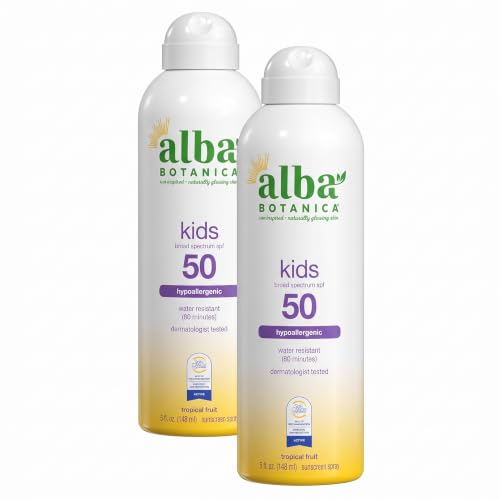 Image 1 of Default Title for the product Alba Botanica Kids Sunscreen Spray for Face and Body, Tropical Fruit, Broad Spectrum SPF 50, Water Resistant, 5 fl. oz. Bottle (Pack of 2)
