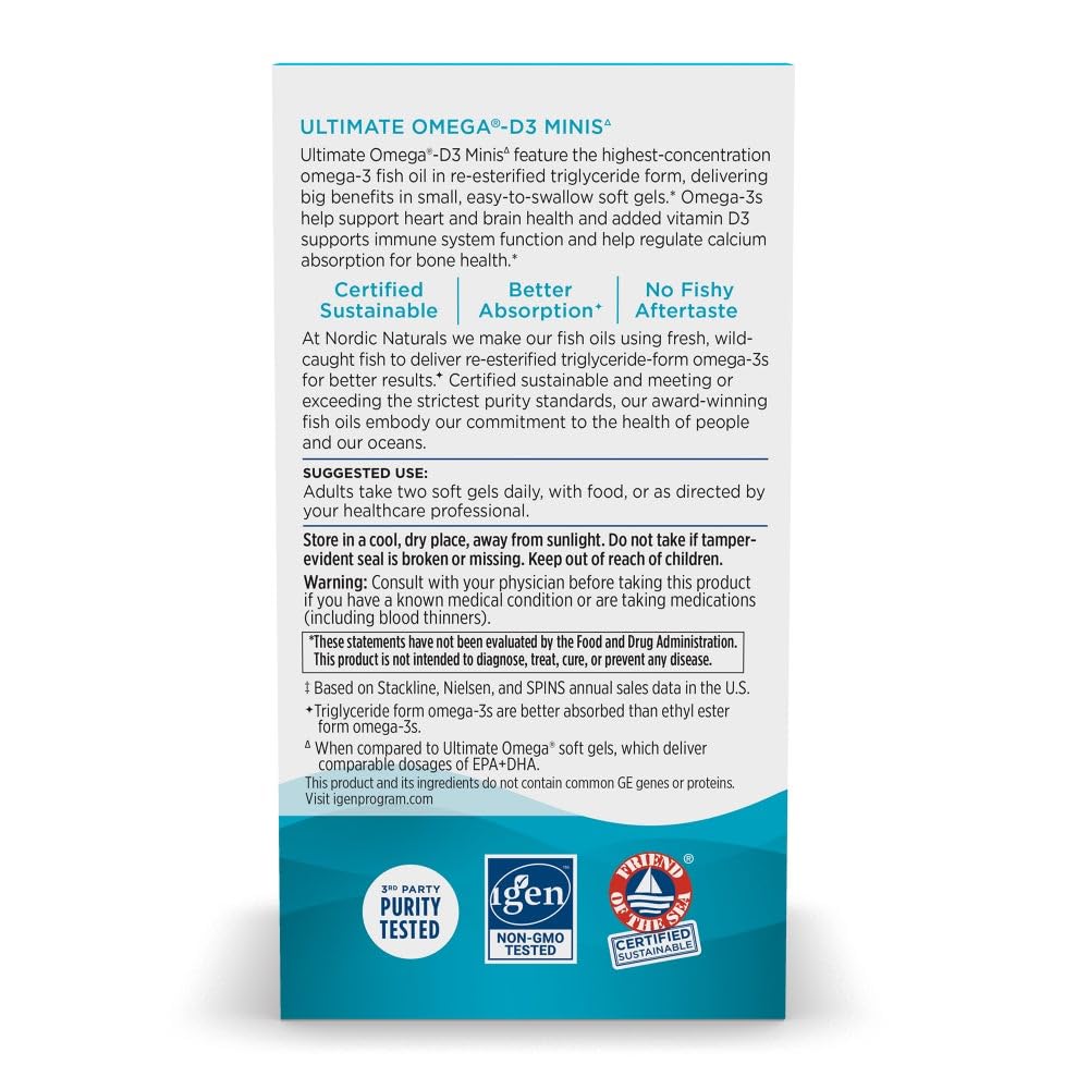 Nordic Naturals Ultimate Omega Mini D3, Lemon Flavor - 60 Mini Soft Gels - 1120 mg Omega-3 + 1000 IU Vitamin D3 - EPA & DHA - Promotes Brain & Heart Health - 30 Servings