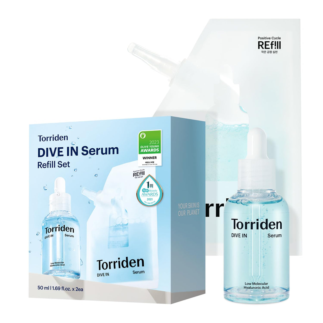 Torriden DIVE IN Serum 1.69 fl oz + refill pouch 1.69 fl oz | Deep Hydration to Get Glow Skin | Hyaluronic Acid, Panthenol, Allantoin | Korean Facial Serum