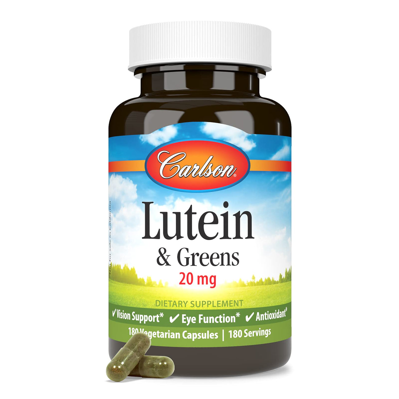 Carlson - Lutein & Greens, 20 mg, Vision Support & Eye Function, Antioxidant, 180 Vegetarian Capsules