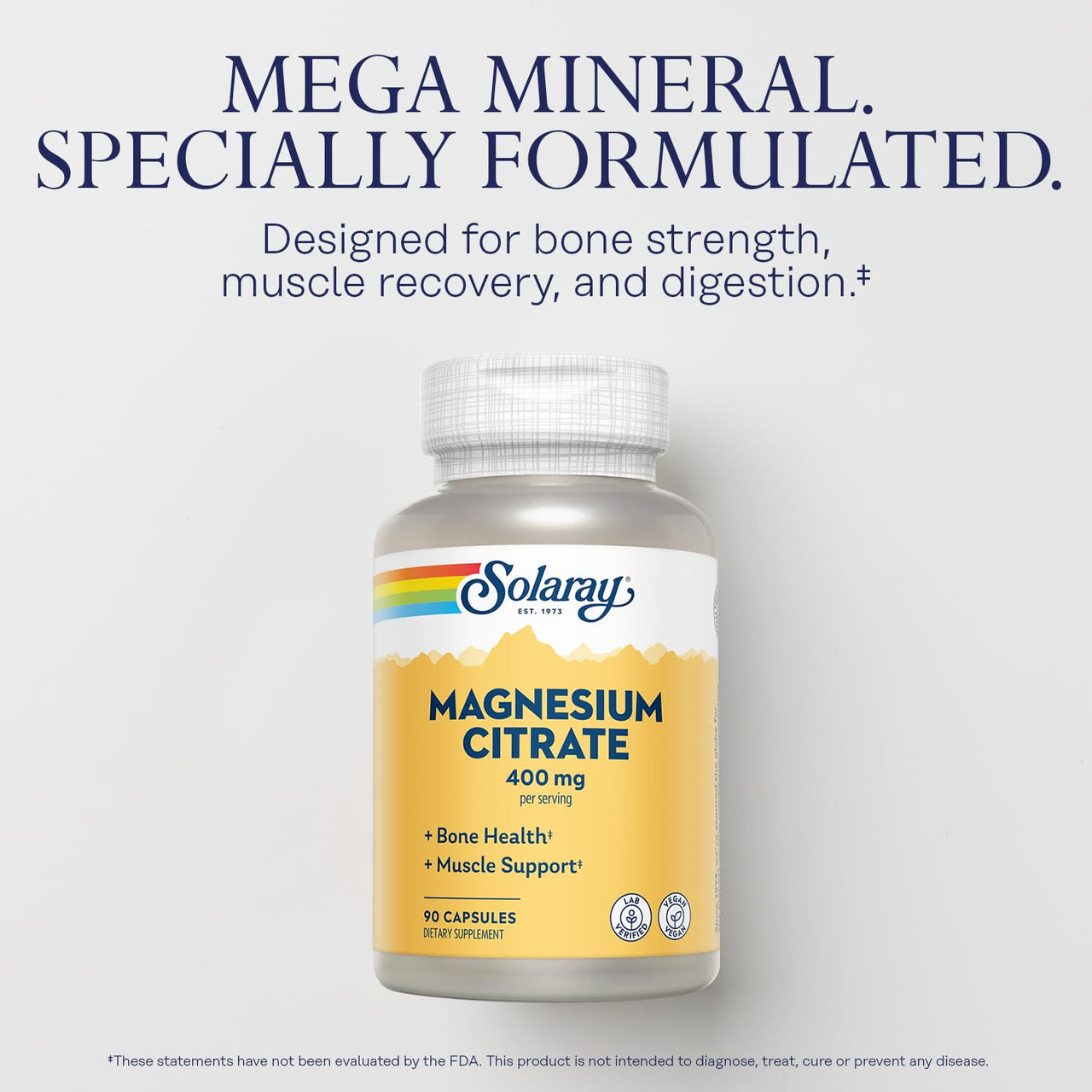 Solaray Magnesium Citrate - Pure Magnesium Citrate Capsules, Supplement for Calm, Bone Health, Cellular Energy, Heart & Muscle Support, 400mg Per Serving - 90 Vegan Capsules