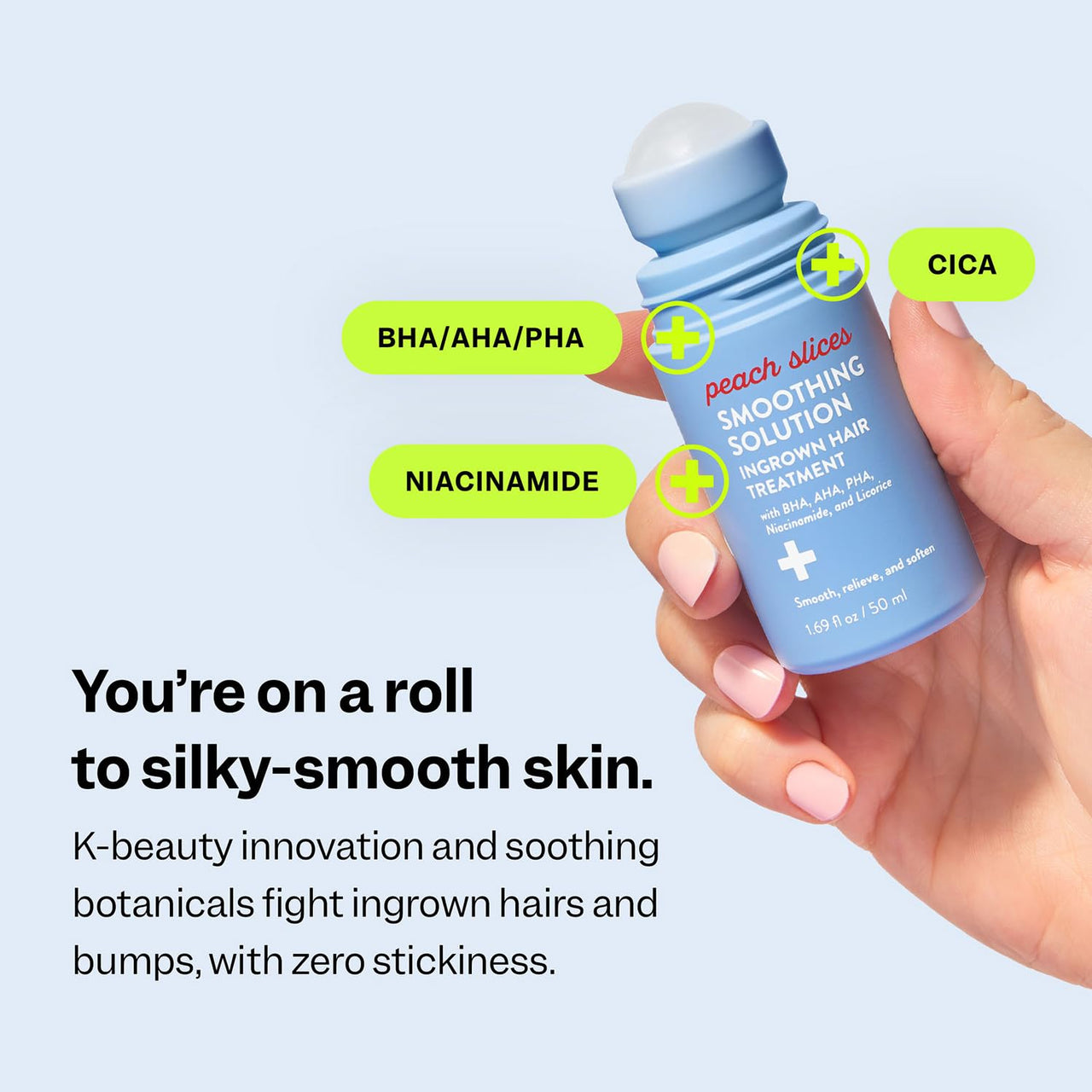 Peach Slices - Smoothing Solution Ingrown Hair Treatment (1.69 oz) - Smooth, Relieve, Soften Skin - 360 Roller - BHA, AHA, PHA, Niacinamide, Licorice - Vegan & Cruelty Free - Korean Skin Care & Beauty