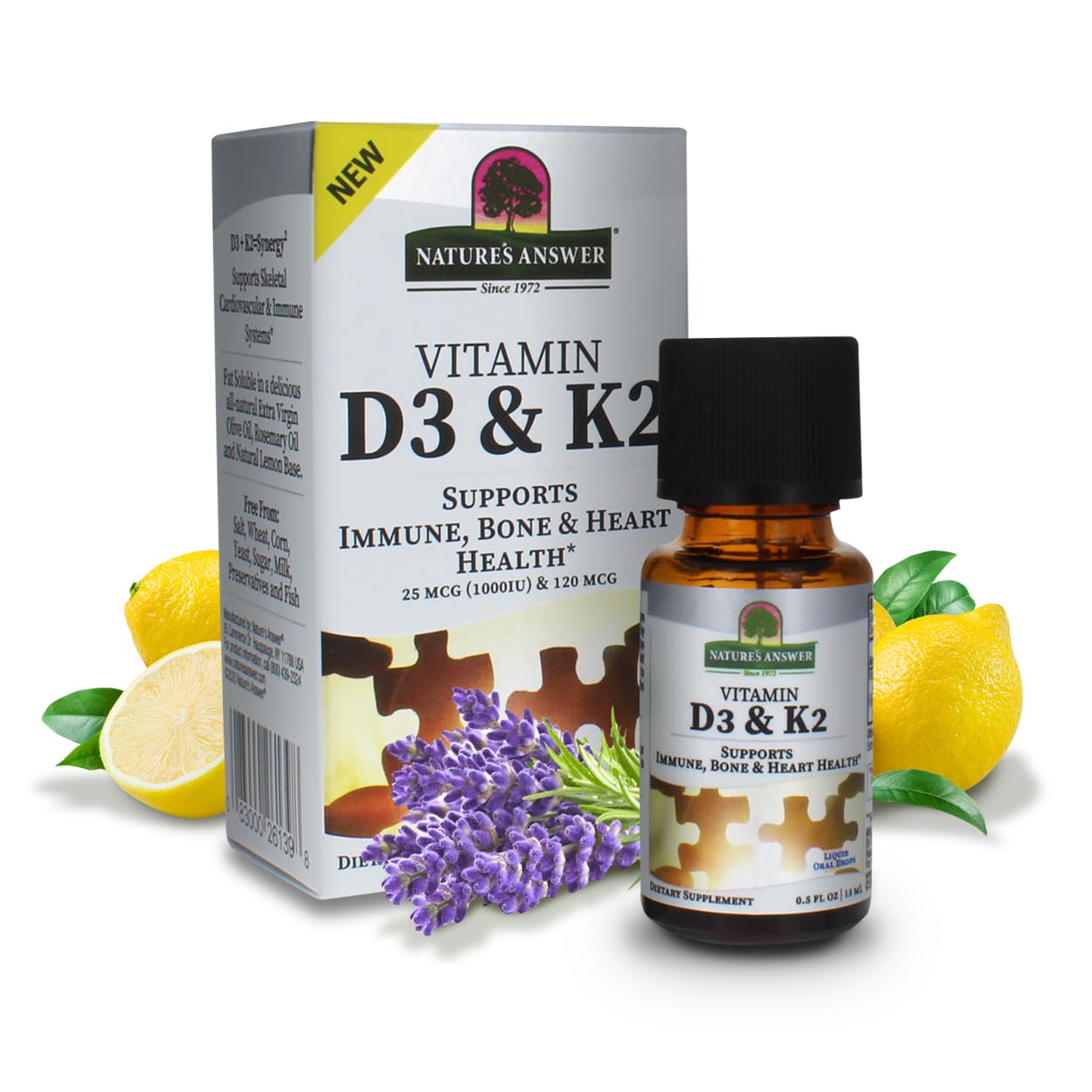 Nature's Answer Vitamin D3 and K2, 0.5 oz - Liquid Extract Oral Drops - Supports Immune, Bone and Heart Health - in a Delicious Olive Oil, Rosemary Oil, and Natural Lemon Base