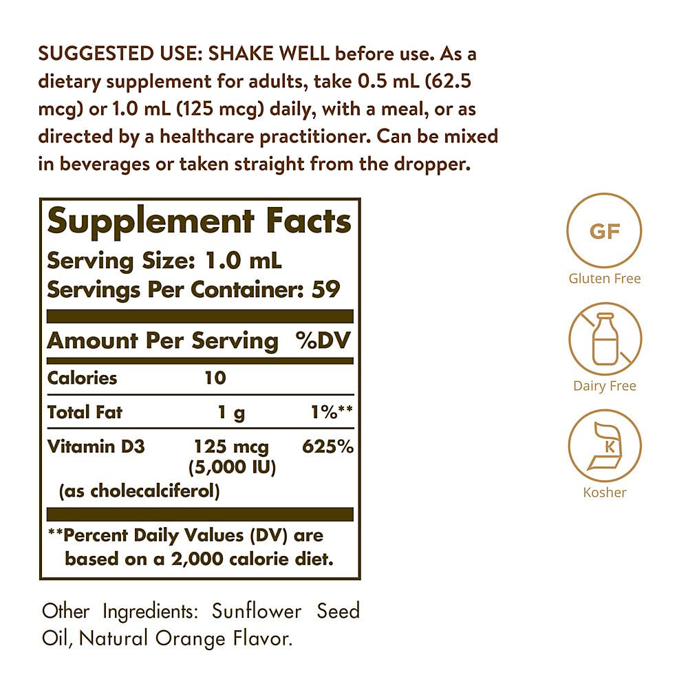 Solgar Liquid Vitamin D3 125 mcg (5,000 IU), 2 fl oz - Delicious, Natural Orange Flavor - Helps Maintain Healthy Bones & Teeth - Immune System Support - Gluten Free, Dairy Free, Kosher - 59 Servings