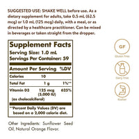 Thumbnail for Solgar Liquid Vitamin D3 125 mcg (5,000 IU), 2 fl oz - Delicious, Natural Orange Flavor - Helps Maintain Healthy Bones & Teeth - Immune System Support - Gluten Free, Dairy Free, Kosher - 59 Servings