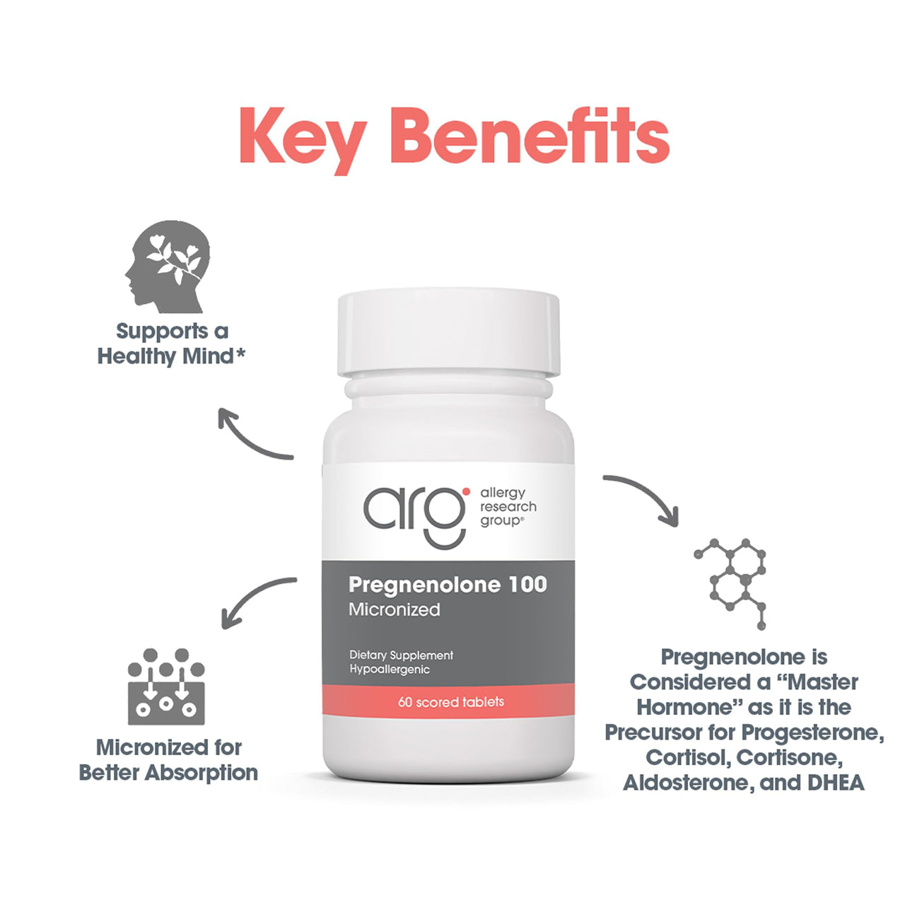 Allergy Research Group ARG Pregnenolone 100 mg - Micronized Hormone Precursor Support - Highly Bioavailable - Hypoallergenic - 60 Servings - 60 Scored Tablets