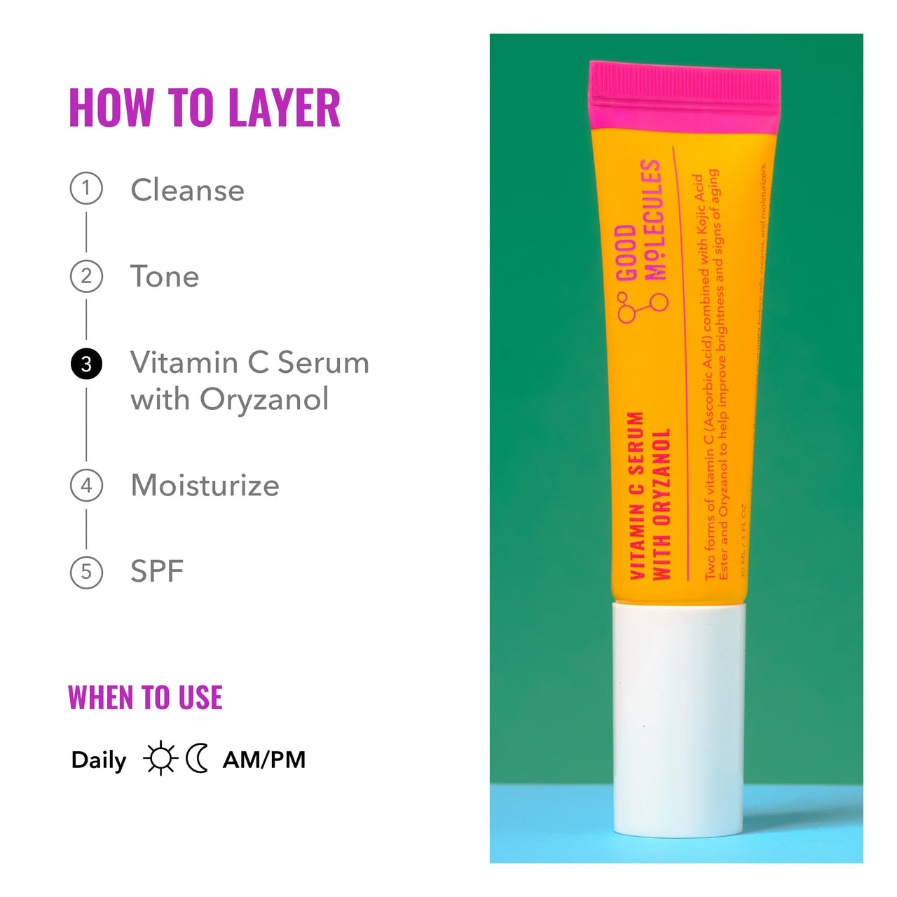 Good Molecules Vitamin C Serum with Oryzanol - Face Serum to Promote Even Skin Tone, Anti-Aging, and Brightening - Skin Care for Face