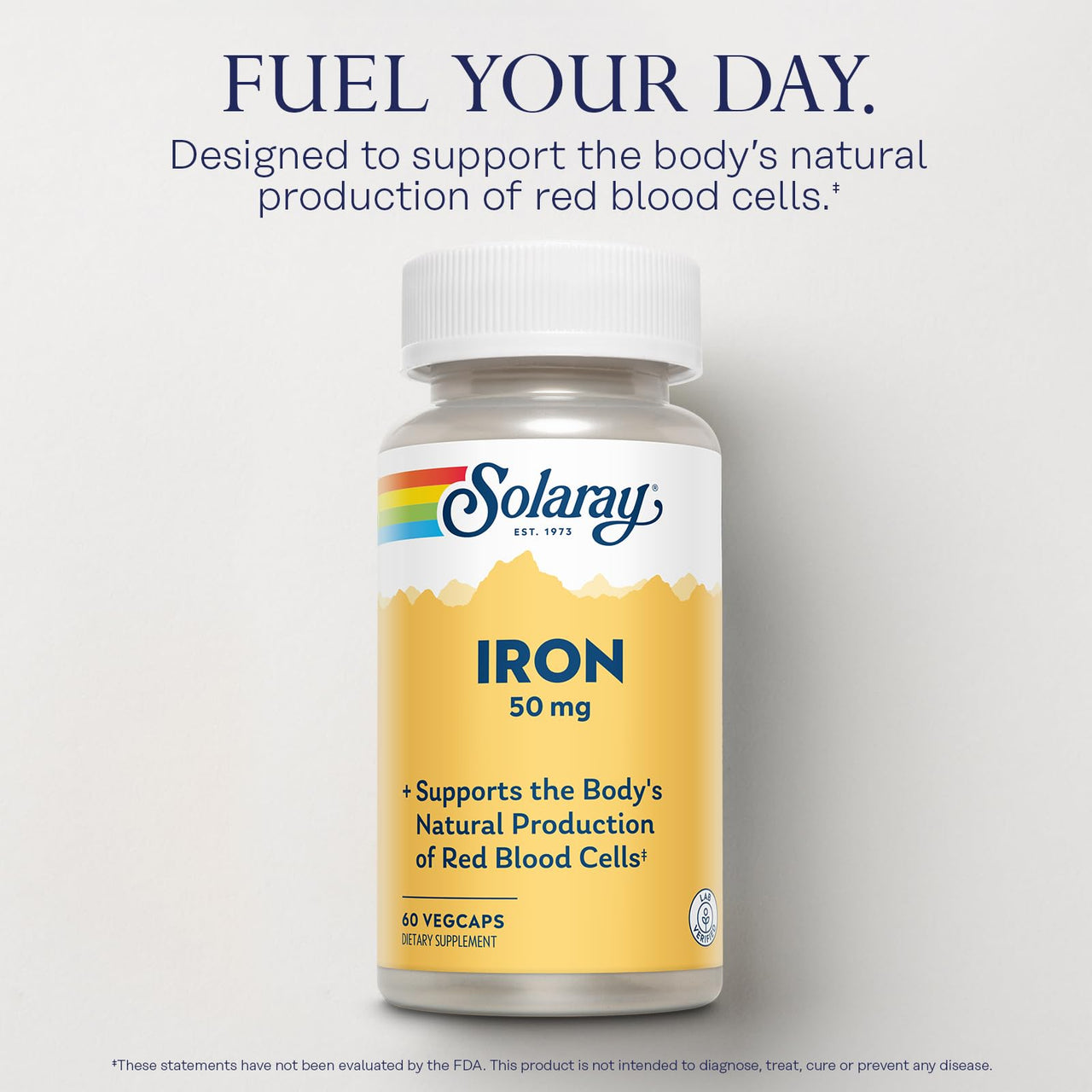 SOLARAY Iron Capsules 50mg - Iron Supplement for Women and Men w/Parsley and Yellow Dock Root, Supports Body's Natural Production of Red Blood Cells, 60-Day Guarantee, 60 Servings