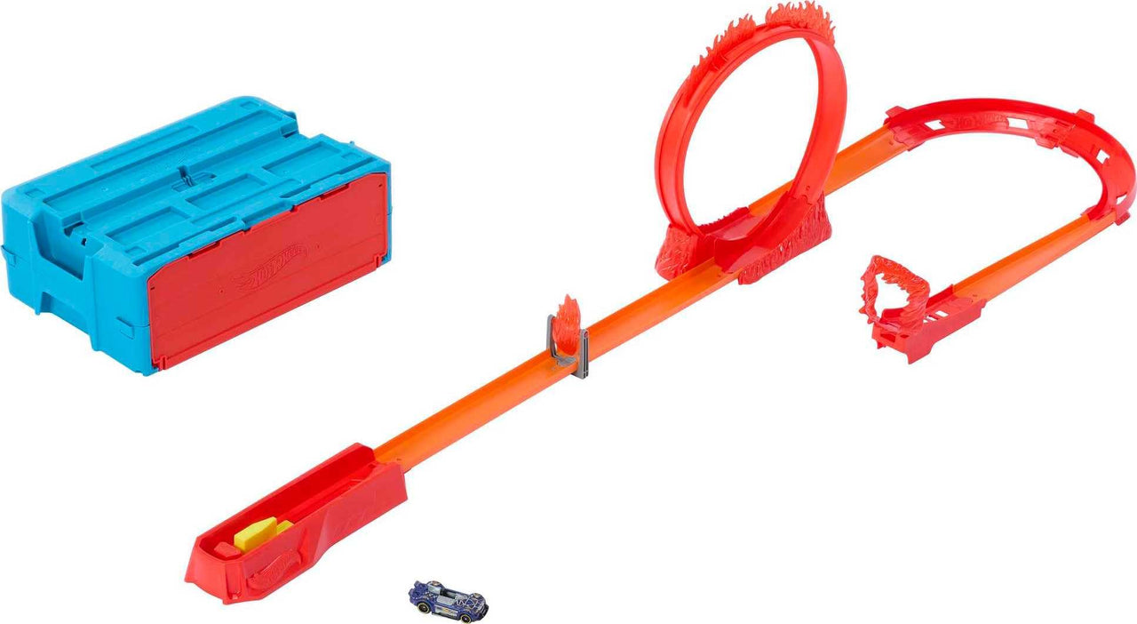 Hot Wheels Toy Car Track Set, Track Builder Playset Flame Stunt Pack with 16 Component Parts & 1:64 Scale Vehicle in Modular Storage Container