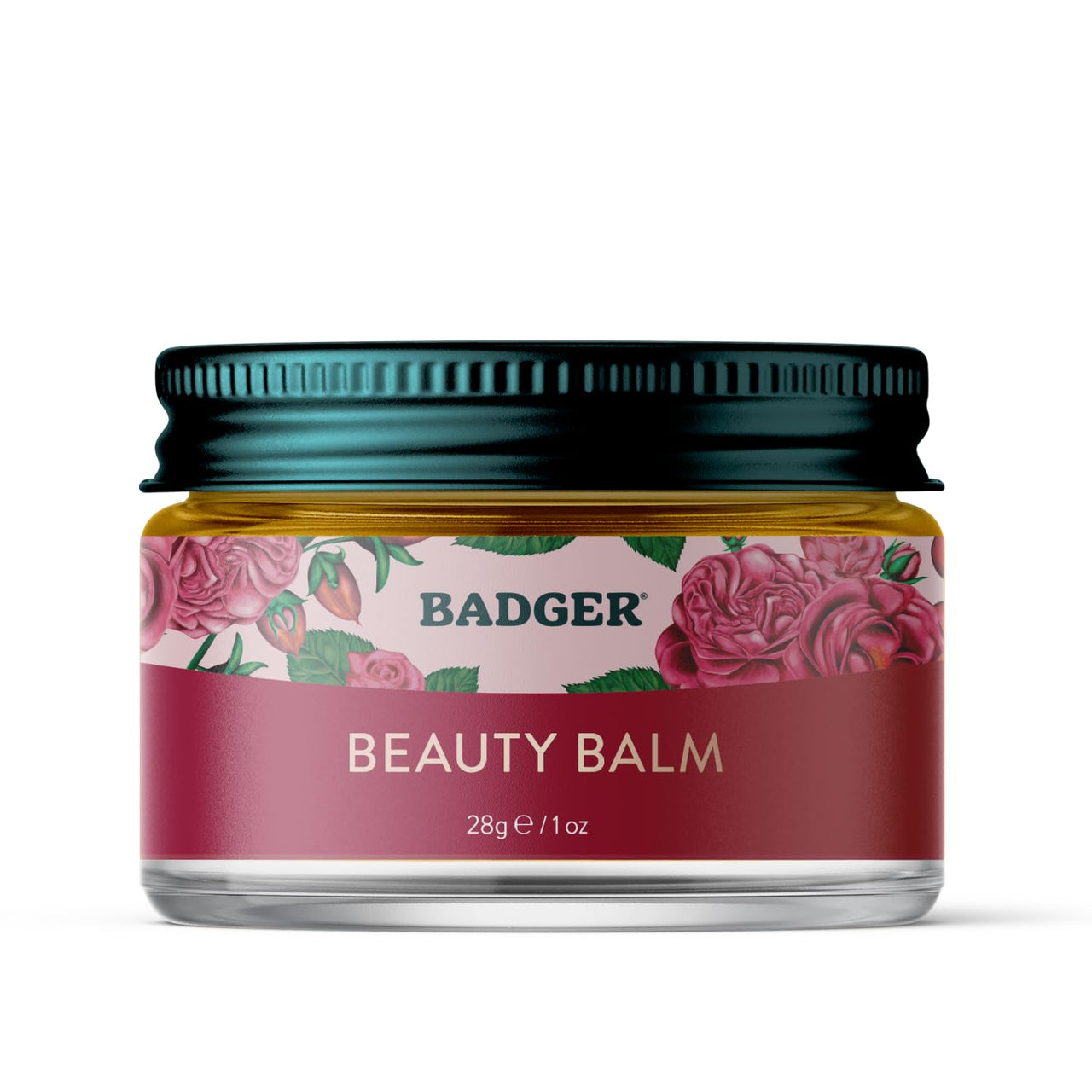 Badger Rose Beauty Balm, 100% Organic Nourishing Treatment For Face, Neck & Hands w/Pure Rose Essential Oil, Intensive Long Lasting Face Moisturizer for Women & Men, 1 oz Glass Jar