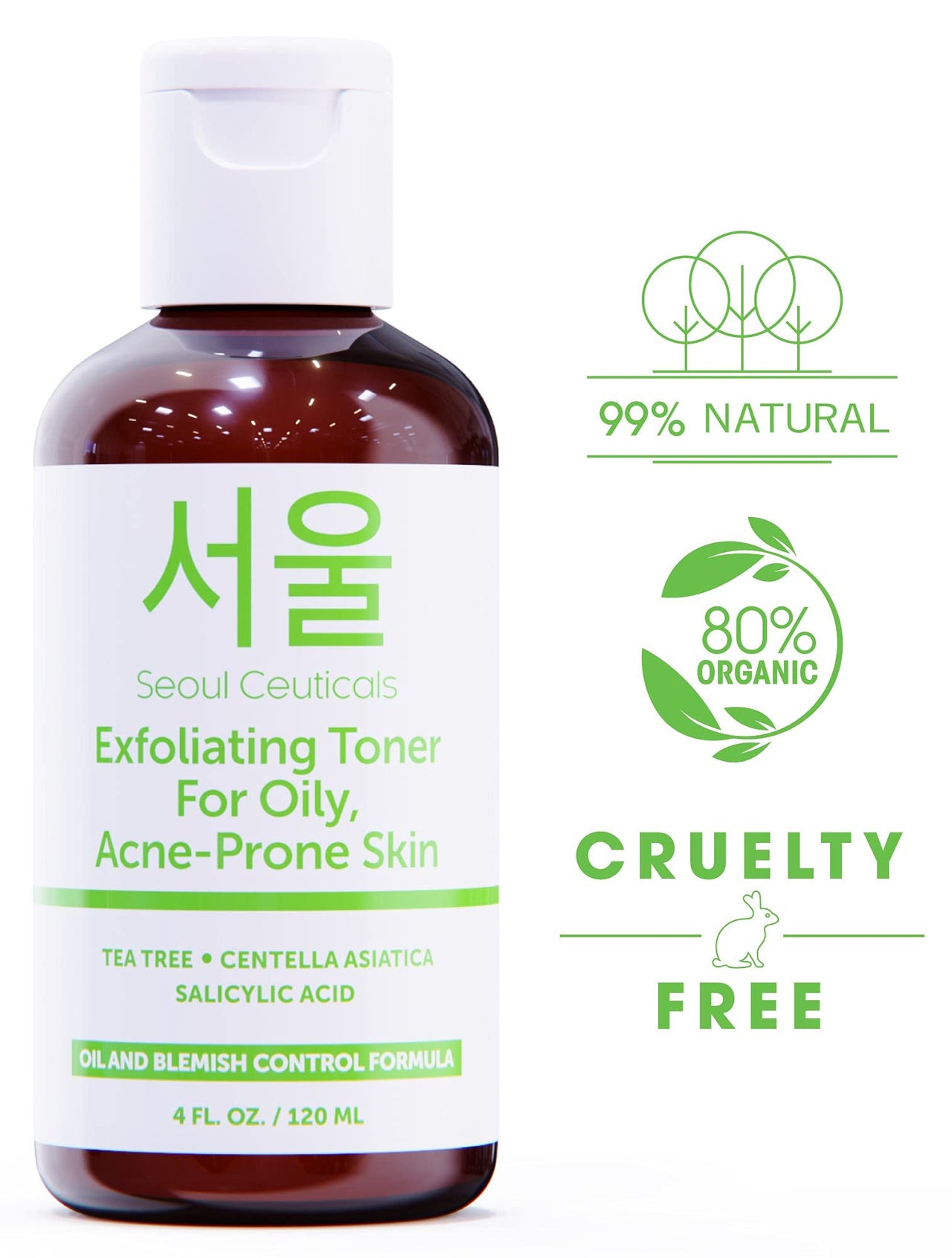SeoulCeuticals Korean Toner for Oily Acne Prone Skin – Korean Skin Care Tea Tree Toner for Face – Facial Toner Centella Asiatica, Salicylic Acid. 4 FL OZ