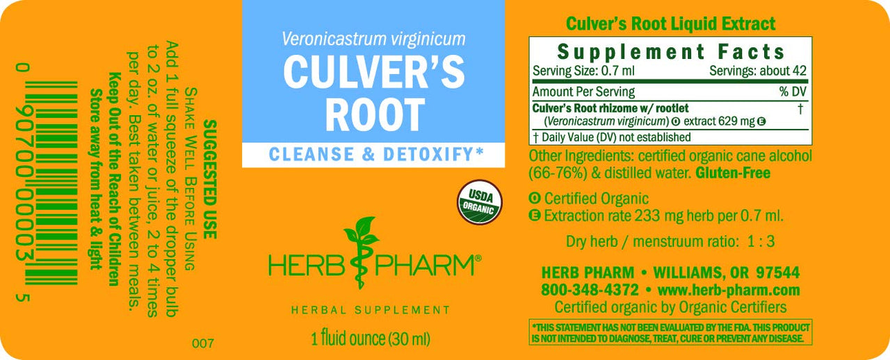 Herb Pharm Certified Organic Culver's Root Liquid Extract for Cleansing and Detoxification - 1 Ounce
