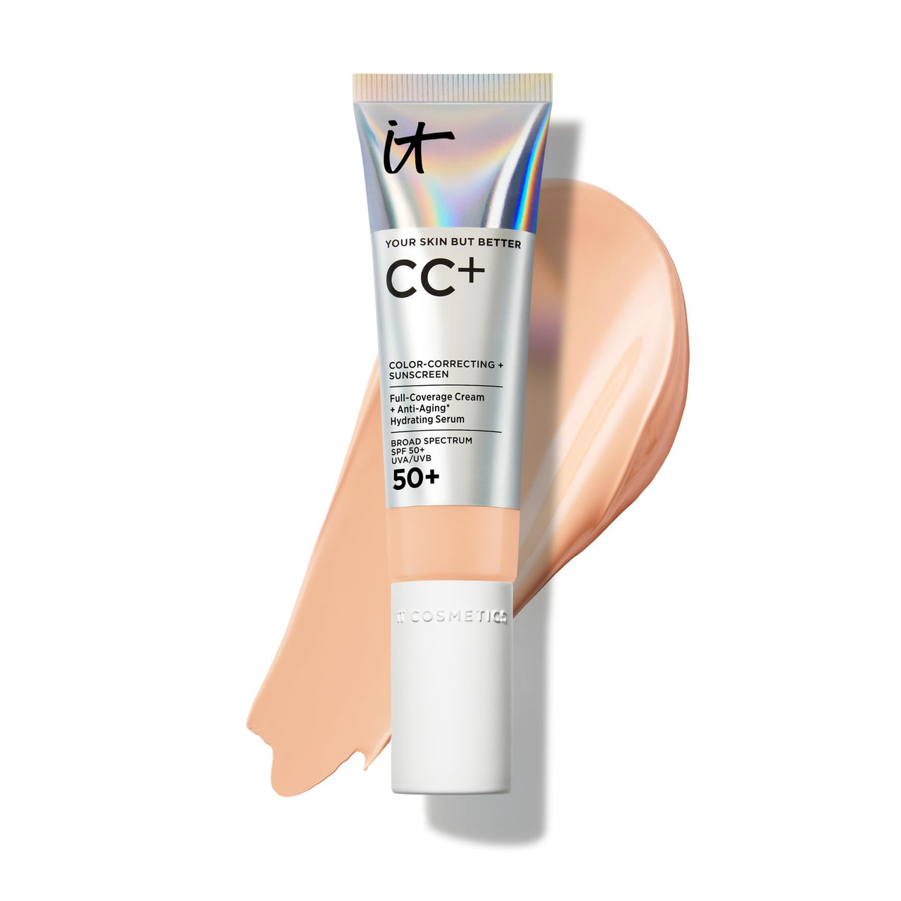IT Cosmetics CC+ Cream (Light Medium) - Natural Full Coverage Foundation With SPF 50+, Color Corrector & Anti-Aging Hydrating Serum, Hyaluronic Acid + Peptides, Lightweight - 1.08 fl oz