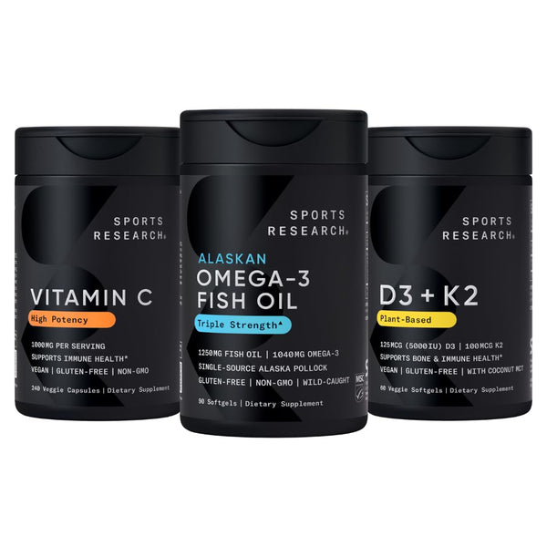 Sports Research® 1250 mg Omega 3 Burpless Fish Oil - Wild Alaskan Pollock - (90 Count), High Potency Vegan Vitamin C 1000mg (240 Count) + Vegan 5000iu Vitamin D with 100mcg Mk7 Vitamin K (60 Count)