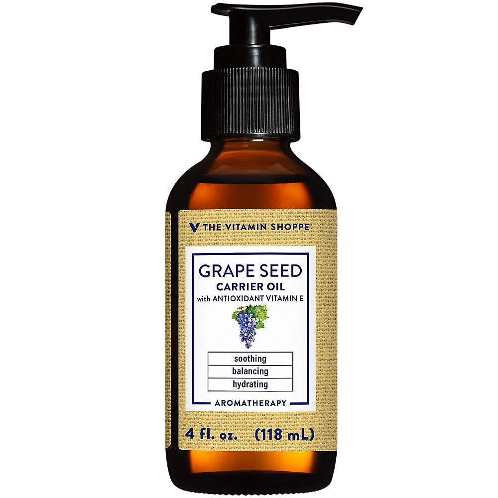 The Vitamin Shoppe Grape Seed Carrier Oil with Vitamin E - Soothing Balancing Skin Care | Aromatherapy Base | 4 oz | Hydrating