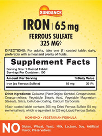 Thumbnail for Sundance Iron Supplement Ferrous Sulfate 325mg | 100 Tablets | Vegetarian, Non-GMO, and Gluten Free