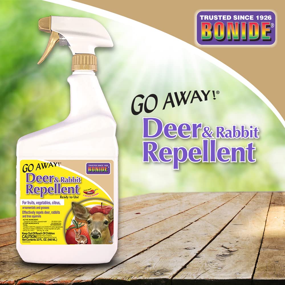 Bonide Go Away! Deer & Rabbit Repellent, 32 oz. Ready-to-Use Spray, Hot Peppers Deter Animals from Lawn & Garden