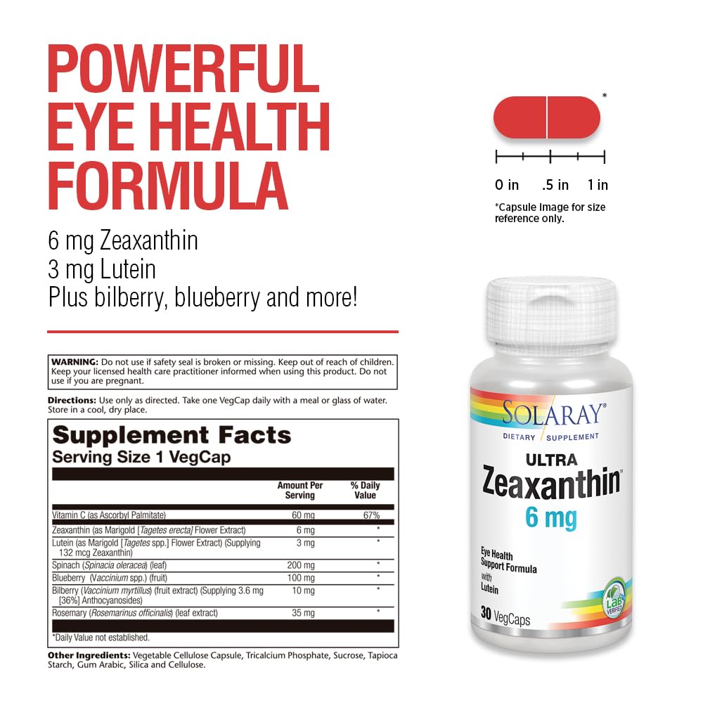SOLARAY Zeaxanthin for Men & Women - Lutein and Zeaxanthin Supplement for Eyes, Vision & Macular Health Support Formula, Eye Vitamin Complex with Bilberry, Vitamin C, & Blueberry - 30 Veg Caps