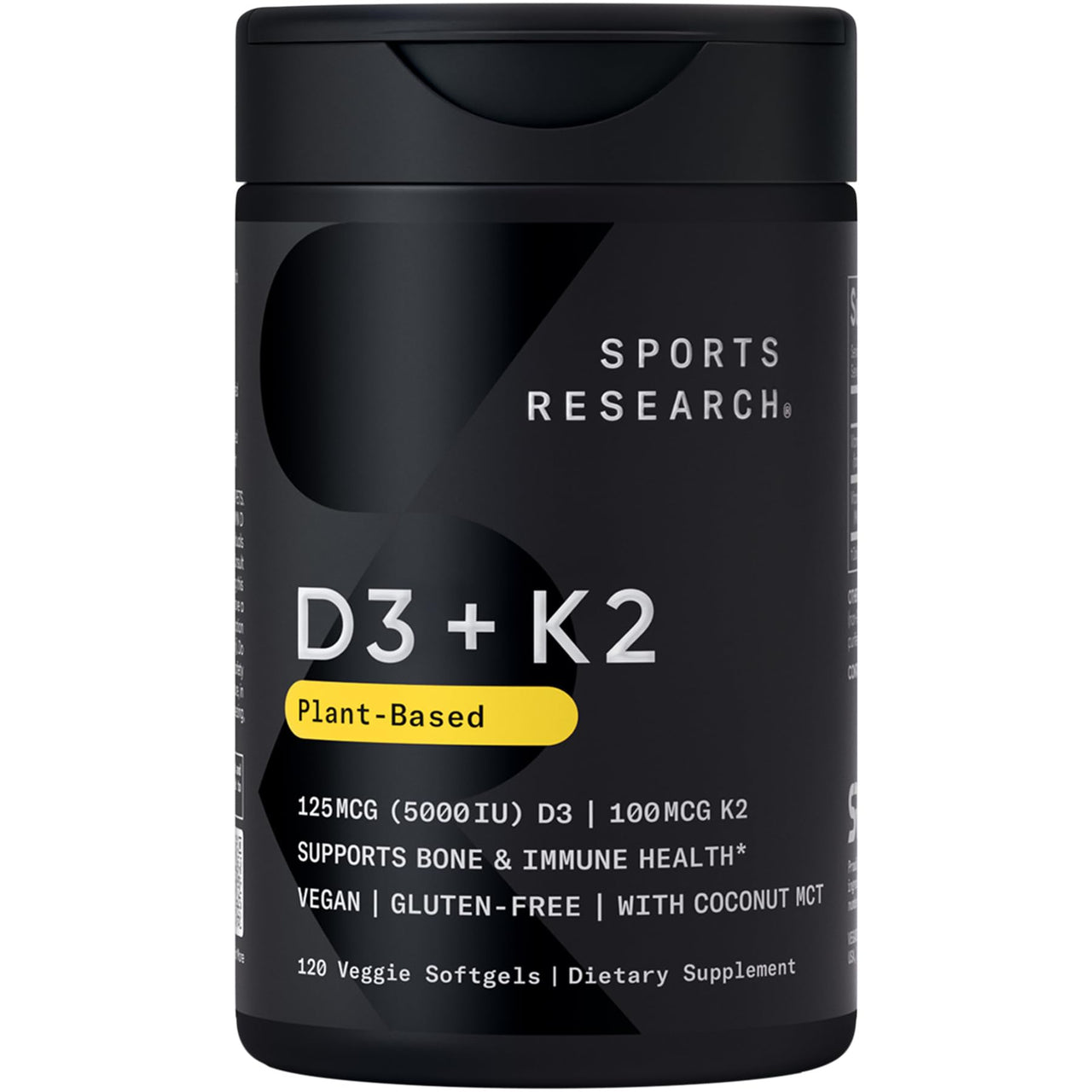 Sports Research Vitamin D3 with K2 Softgels - Plant Based K2 & Vegan D3 5000iu with Coconut MCT Oil - Vegan Certified, Soy & Gluten Free - 120 Count