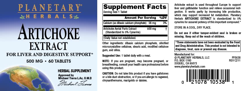 Planetary Herbals Artichoke Extract Tablets, 500 mg, 60 Count