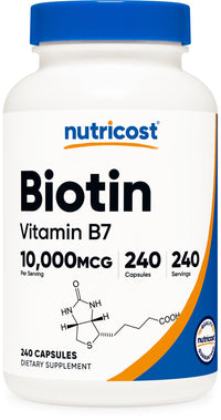 Thumbnail for Nutricost Biotin (Vitamin B7) 10,000mcg (10mg) Vitamin Supplement, 240 Capsules - Vegetarian, Gluten Free, Quick Release, Non-GMO