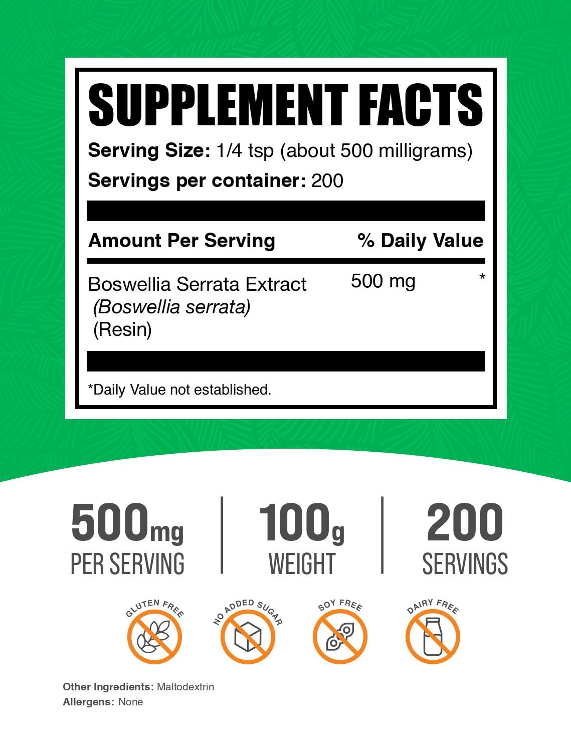 BulkSupplements.com Boswellia Serrata Extract Powder - Boswellia Supplement, from Frankincense Resin - Vegan & Gluten Free, 500mg per Serving, 100g (3.5 oz) (Pack of 1)
