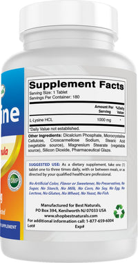 Thumbnail for Best Naturals L-Lysine 1000mg 180 Tablets - Double Strength Lysine for stronger immune health & cold sores