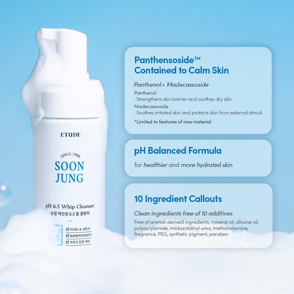 ETUDE gentle pH-balanced bubble Cleanser for Sensitive Skin, Panthenol + Madecassoside, Barrier Repair, Fragrance Free, pH 6.5, Vegan Certified, Non-Comedogenic, Korean Face Wash, 5.06 fl oz