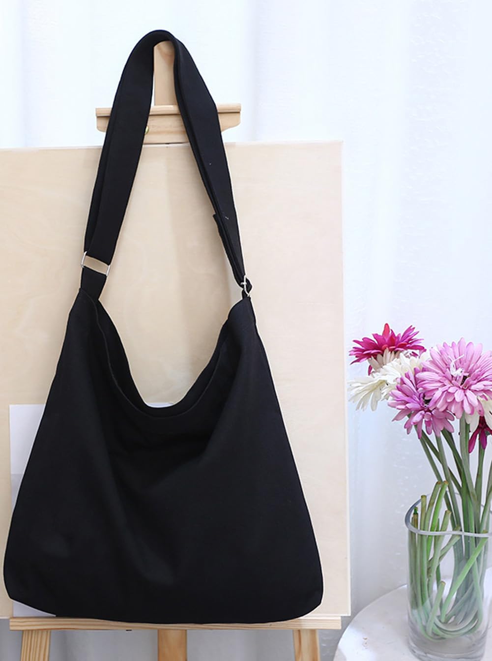 Covelin Women's Large Canvas Shoulder Bag Hobo Tote Handbag Casual Purse Black