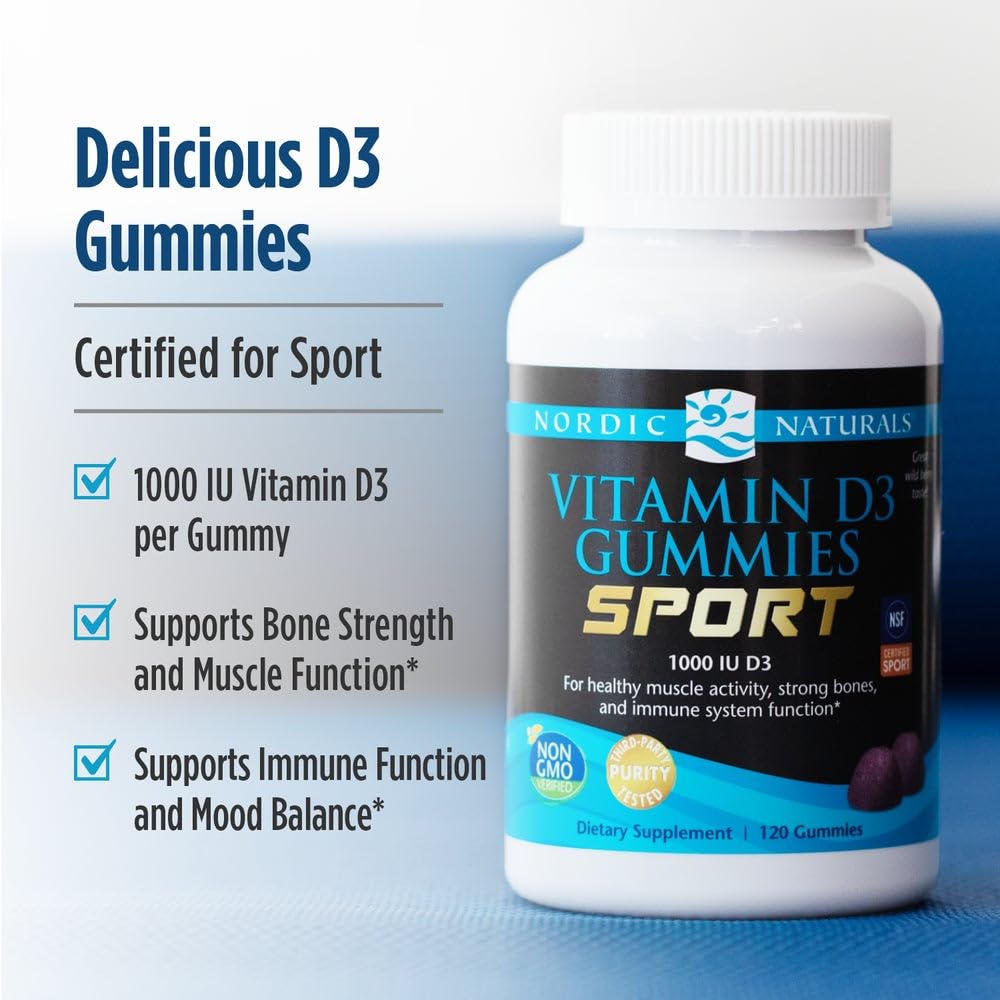 Nordic Naturals Vitamin D3 Gummies Sport, Wild Berry - 120 Gummies - 1000 IU Vitamin D3 - NSF Certified - Healthy Bones, Mood & Immune System Function - Non-GMO - 120 Servings