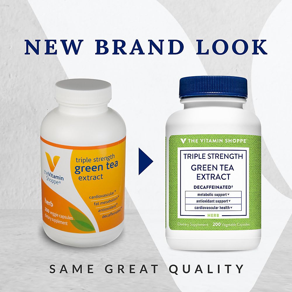 The Vitamin Shoppe Green Tea Extract 750mg - Fat Metabolism & Antioxidant | EGCG Polyphenols Decaf | 200 Veggie Caps | Triple Strength