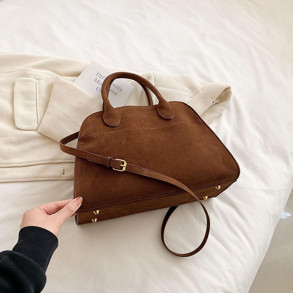 Covelin Women's Retro Suede Tote Bag Ladies' Fashion Shoulder Handbag Top Handle Purse Small Brown