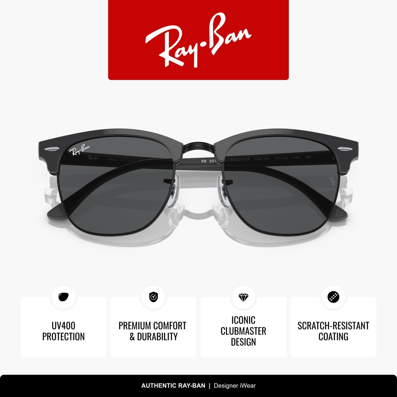 Ray-Ban RB3016 1367B1 51MM Grey On Black/Dark Grey Square Sunglasses for Men for Women