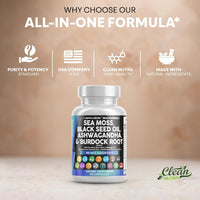 Thumbnail for Clean Nutraceuticals Sea Moss Black Seed Oil Ashwagandha Turmeric Bladderwrack Burdock & Vitamin C Vitamin D3 with Elderberry Manuka Dandelion Yellow Dock Iodine Chlorophyll ACV