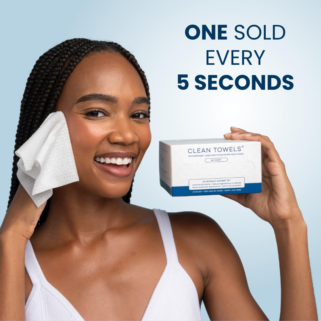 Clean Skin Club Clean Towels®, 100% USDA Biobased Face Towel, Disposable Face Towelette, Eczema Association Accepted, Makeup Remover Dry Wipes, Ultra Soft, 25 ct per pack, 2 Packs, 50 Ct Total