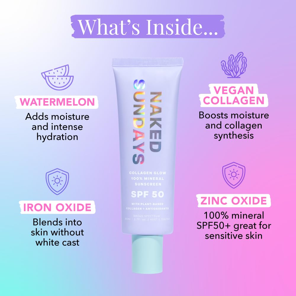 Naked Sundays SPF50+ 100% Mineral Glow Sunscreen, Daily Hydrating Facial Moisturizer & Primer with Zinc Oxide & Vegan Collagen, Sheer Tint, Broad Spectrum SPF Lotion (Jumbo 80ml)