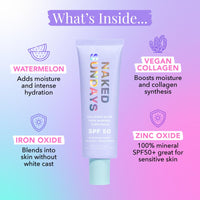 Thumbnail for Naked Sundays SPF50+ 100% Mineral Glow Sunscreen, Daily Hydrating Facial Moisturizer & Primer with Zinc Oxide & Vegan Collagen, Sheer Tint, Broad Spectrum SPF Lotion (Jumbo 80ml)