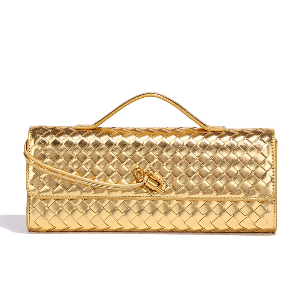 Covelin Women's Handmade Woven Evening Bag Leather Shoulder Clutch Handbag Fashion Crossbody Purse Golden