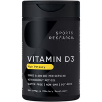 Thumbnail for Sports Research® Vitamin D3 1000 IU with Coconut MCT Oil - High Potency Vitamin D Supplement for Immune & Bone Support - Gluten Free · Non-GMO · Soy Free - 360 Count Softgels