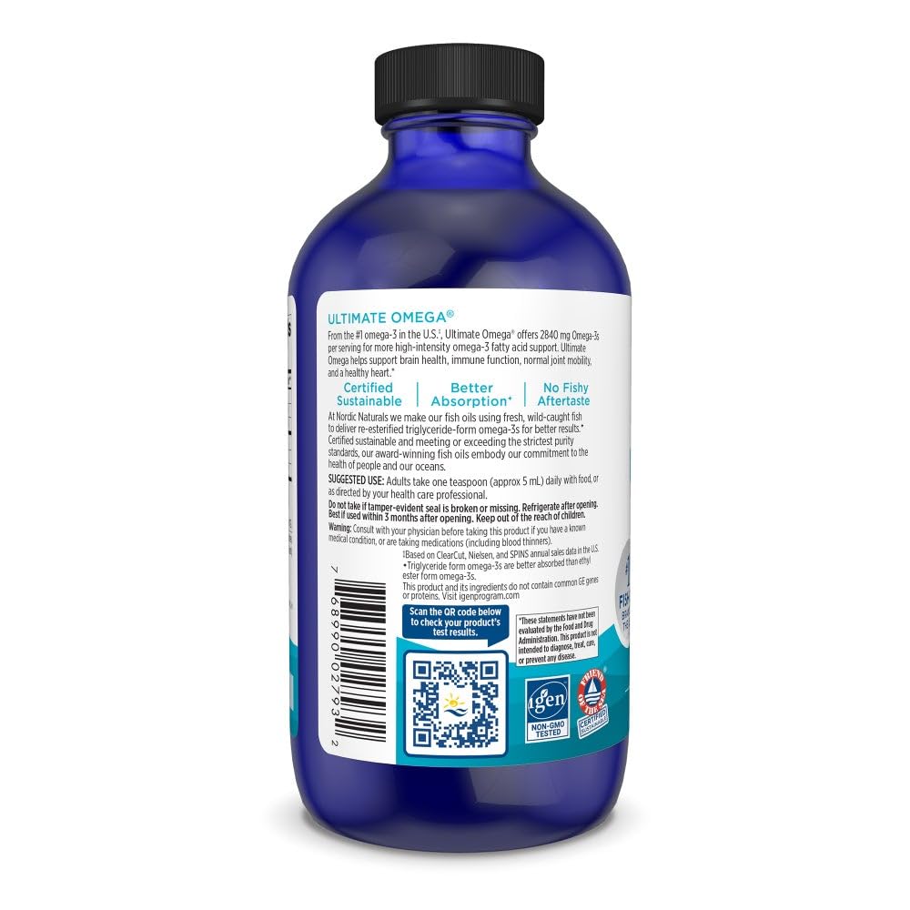 Nordic Naturals Ultimate Omega Liquid, Lemon Flavor - 8 oz - 2840 mg Omega-3 - High-Potency Fish Oil Supplement with EPA & DHA - Promotes Brain & Heart Health - Non-GMO - 48 Servings