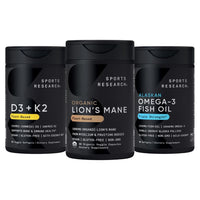 Thumbnail for Sports Research® Cognitive Support Pack - Organic Lion's Mane Mushroom Supplement 1800mg + Vitamin D3 + K2 w/Coconut Oil - Vegan Vitamin D 5000iu + Omega-3 Fish Oil 1250