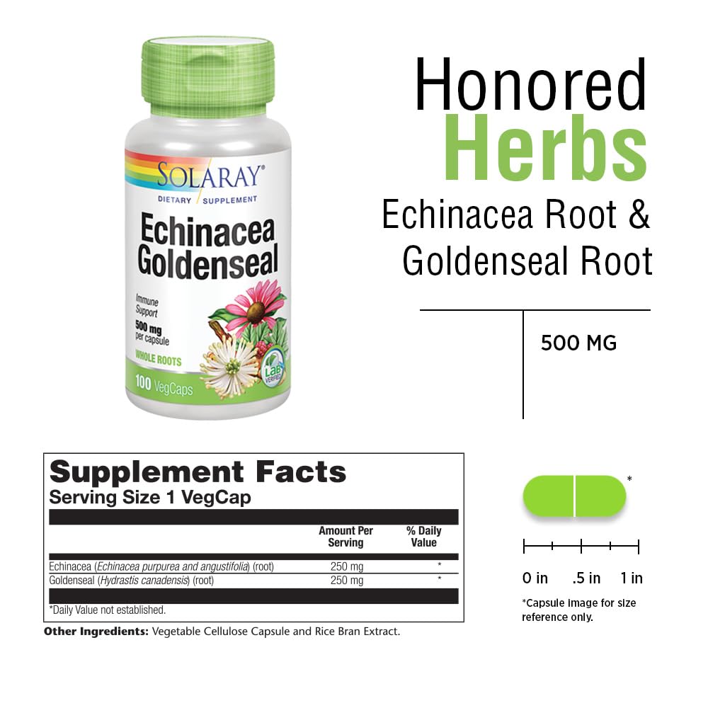 SOLARAY Echinacea Root & Goldenseal Root Supplement - 500 mg per Serving, Non-GMO, Vegan & Lab Verified - 100 Count VegCaps